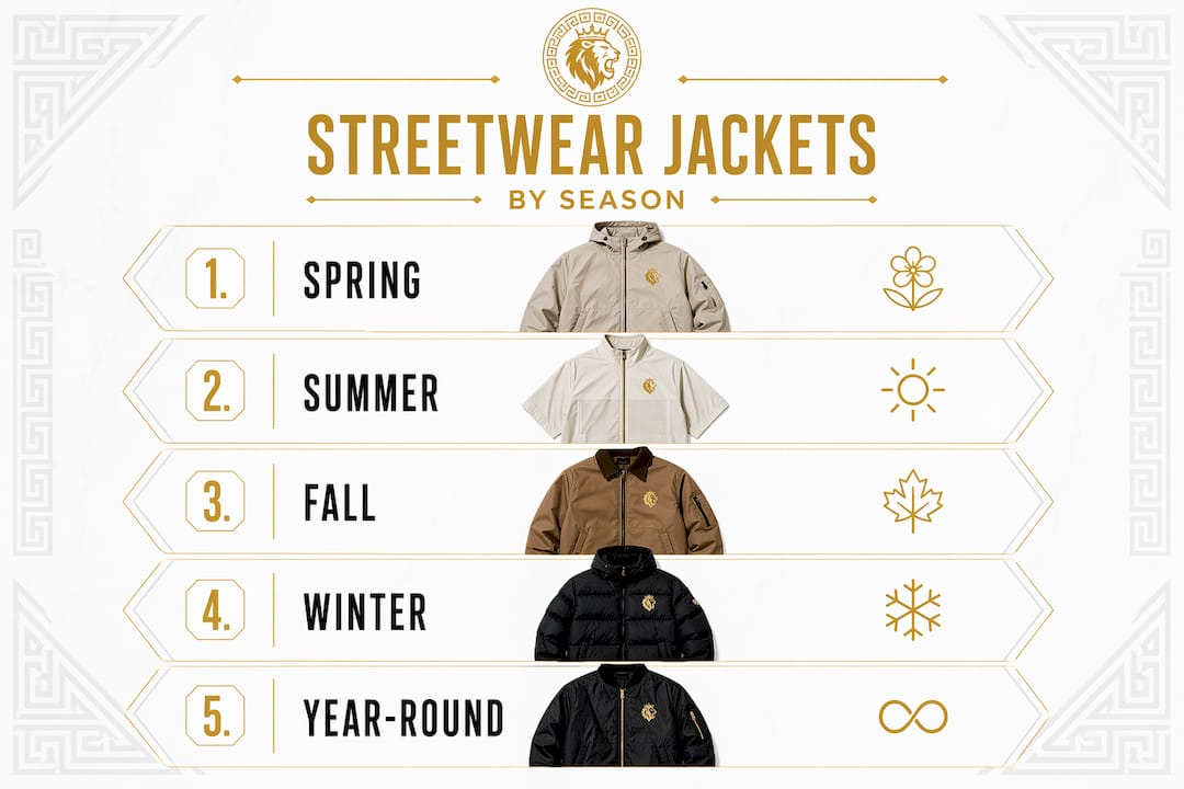 Infographic showing streetwear jacket types by season
