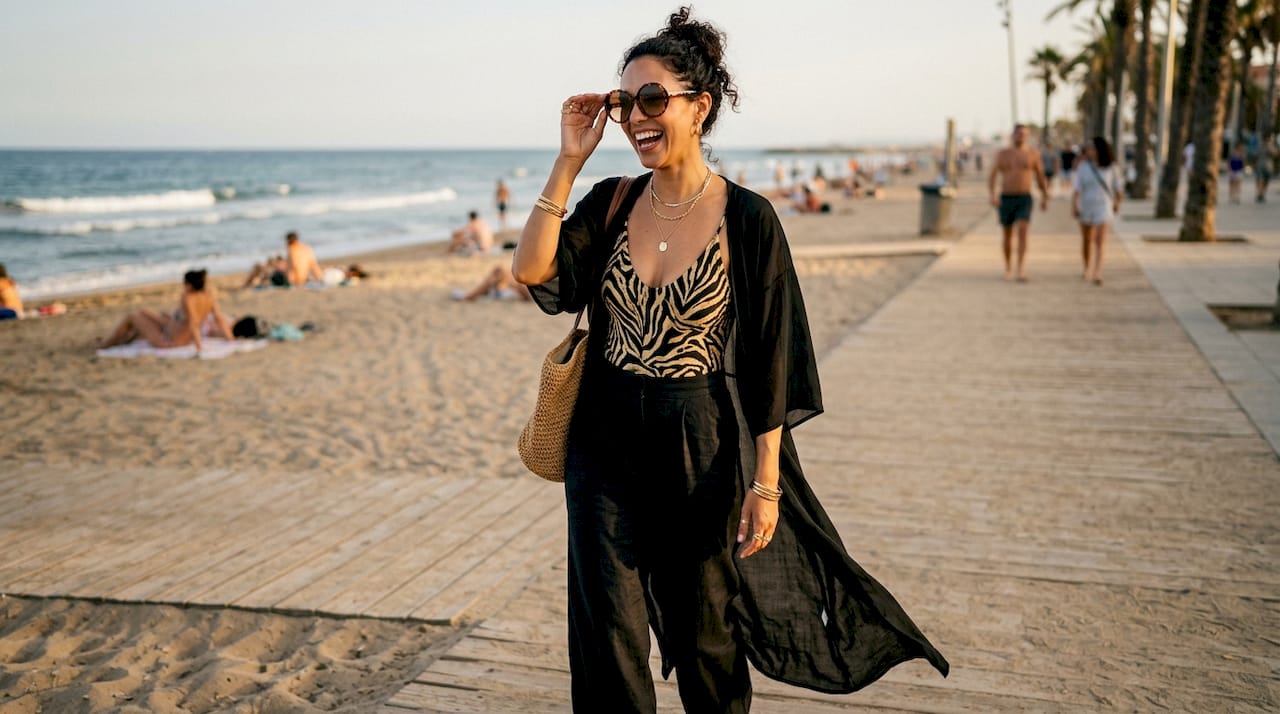 Fashion influencer styling structured swimsuit at café