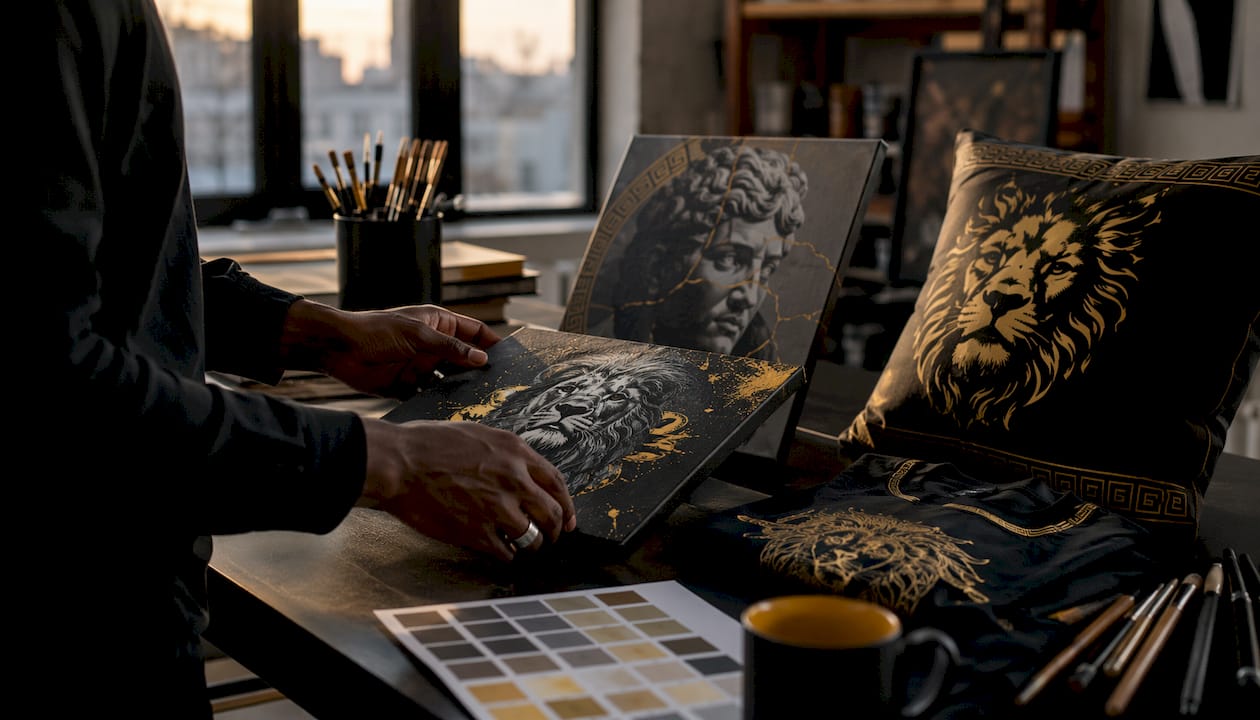 Hands sorting diverse print on demand product samples