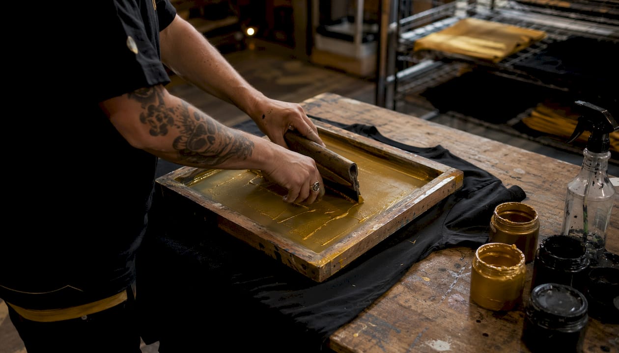 Screen printing hands applying ink through stencil