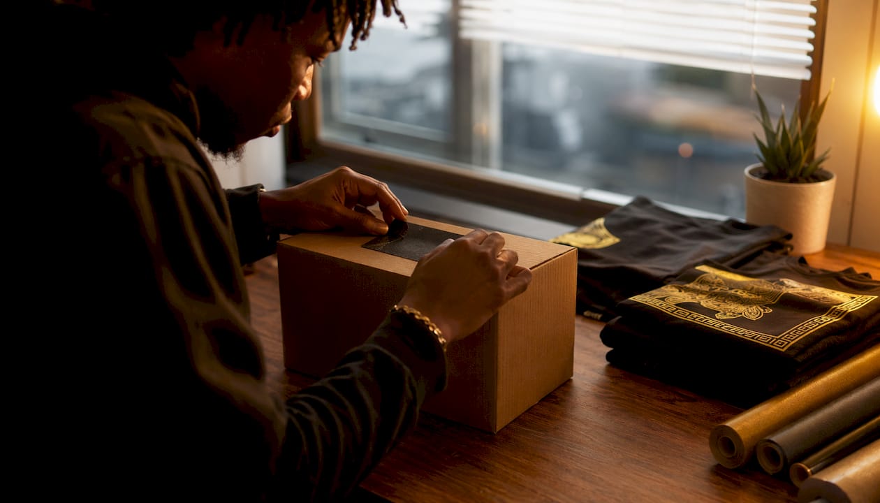 Shop owner branding print-on-demand package for shipment