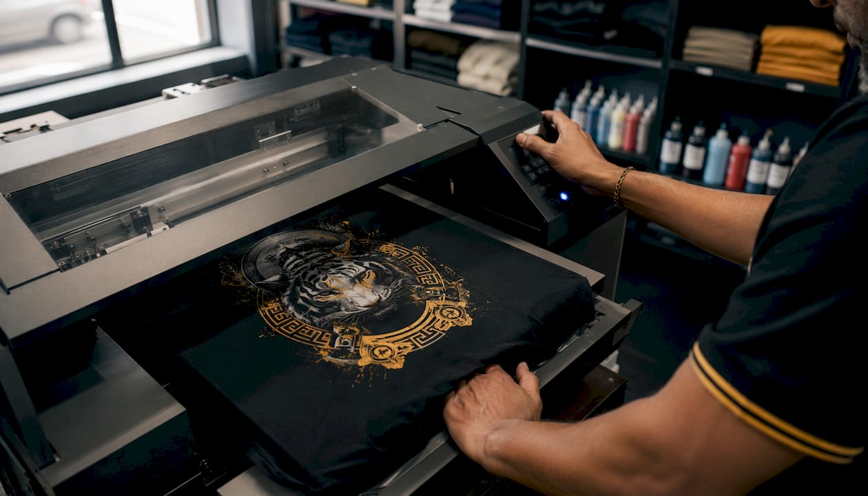 Hands operating direct-to-garment printer on t-shirt