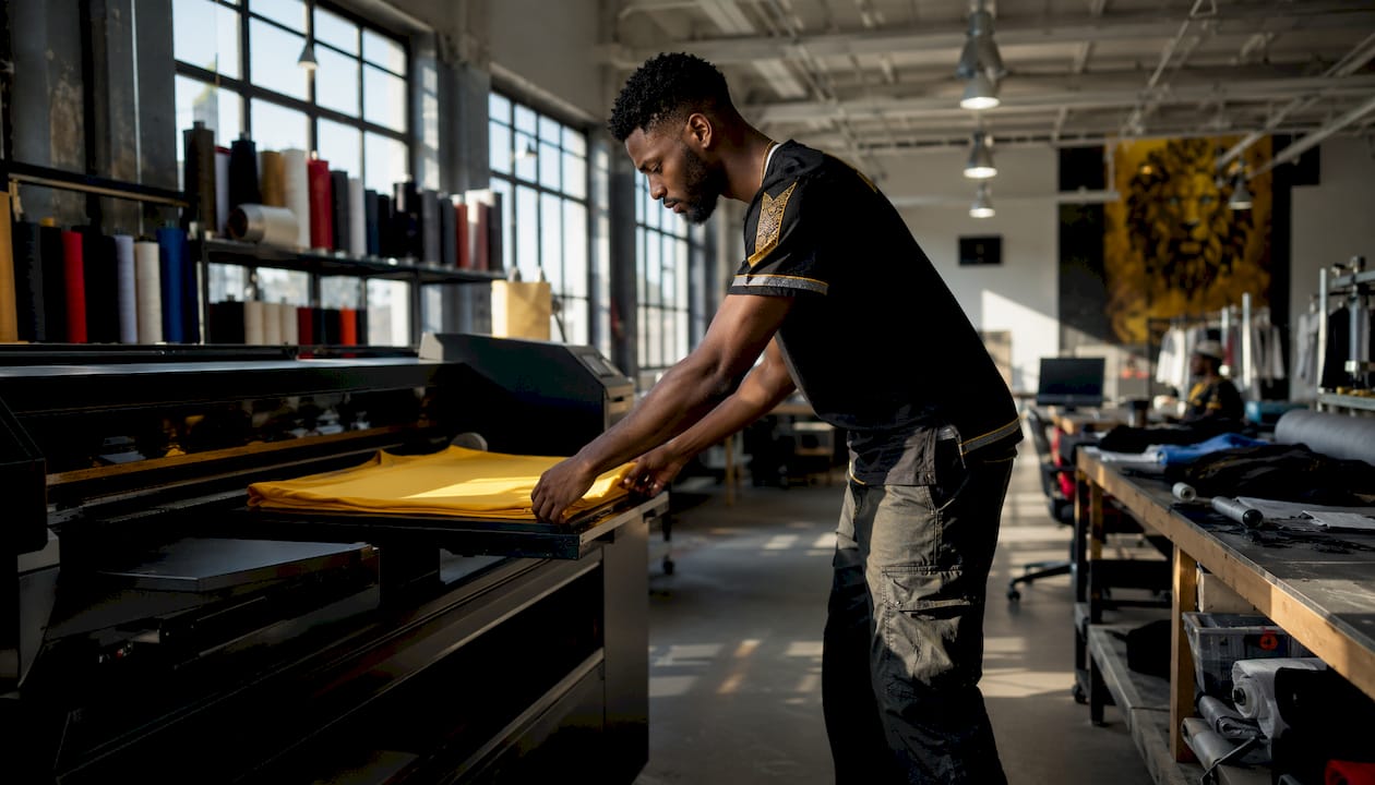 Technician configuring garment printing machine