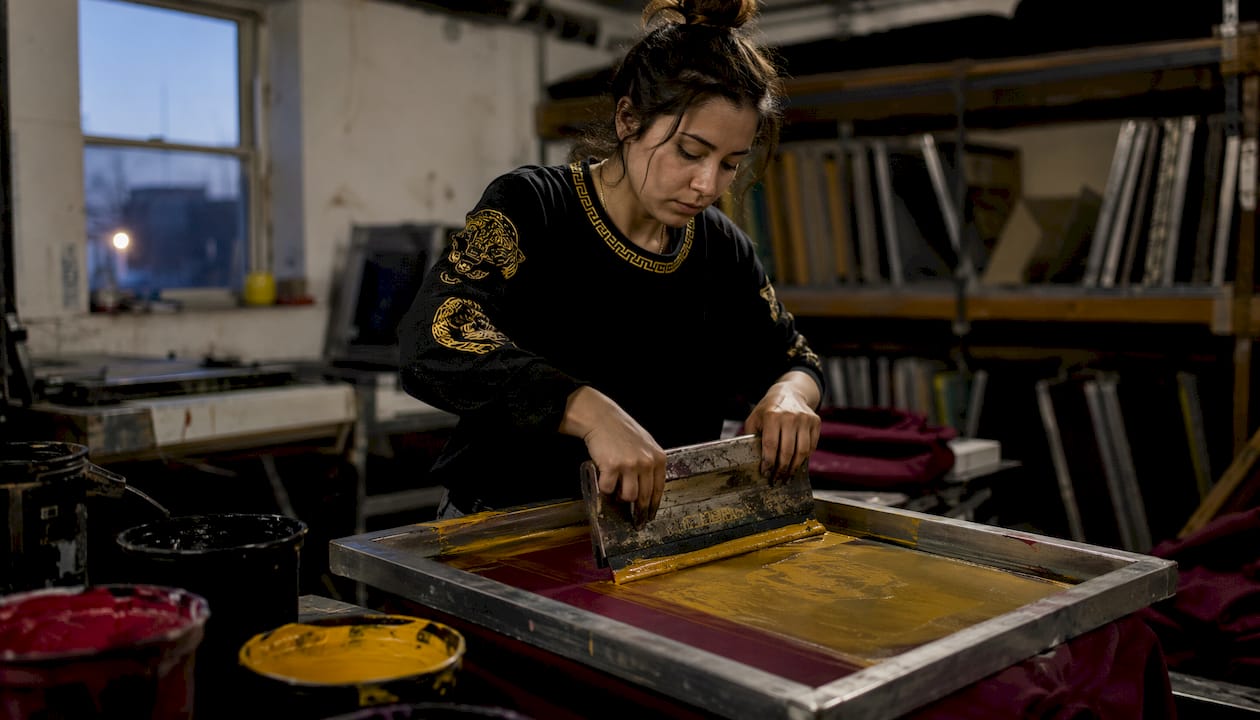 Hands pushing squeegee during screen printing process