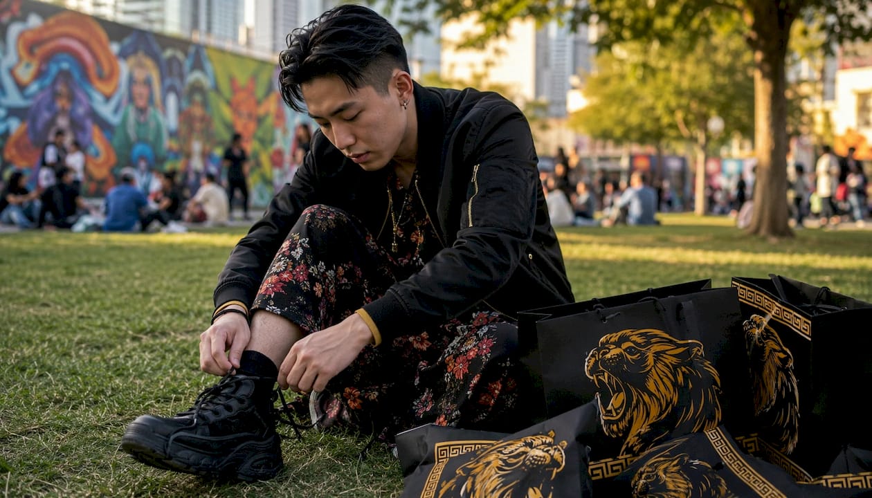 Man lacing chunky black sneakers with dress