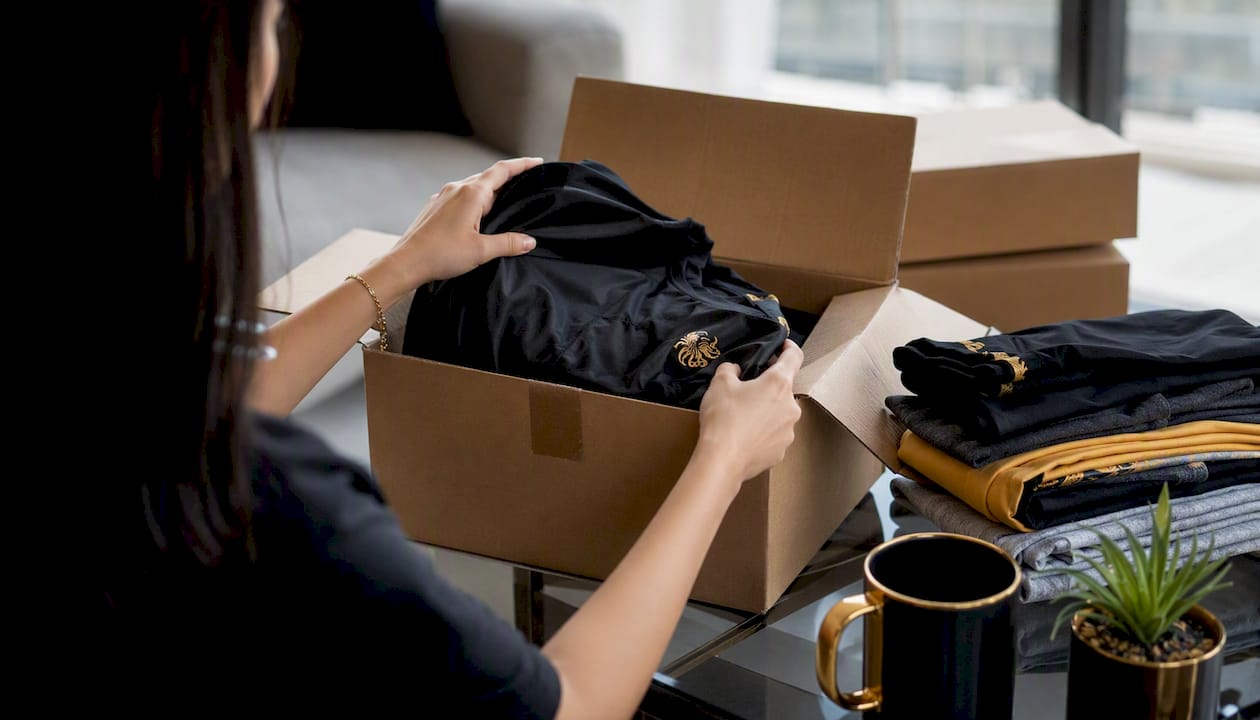 Hands unpacking budget fashion haul at kitchen table