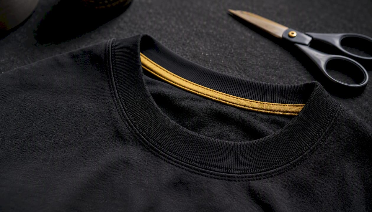 Close-up detail of heavyweight t-shirt collar construction