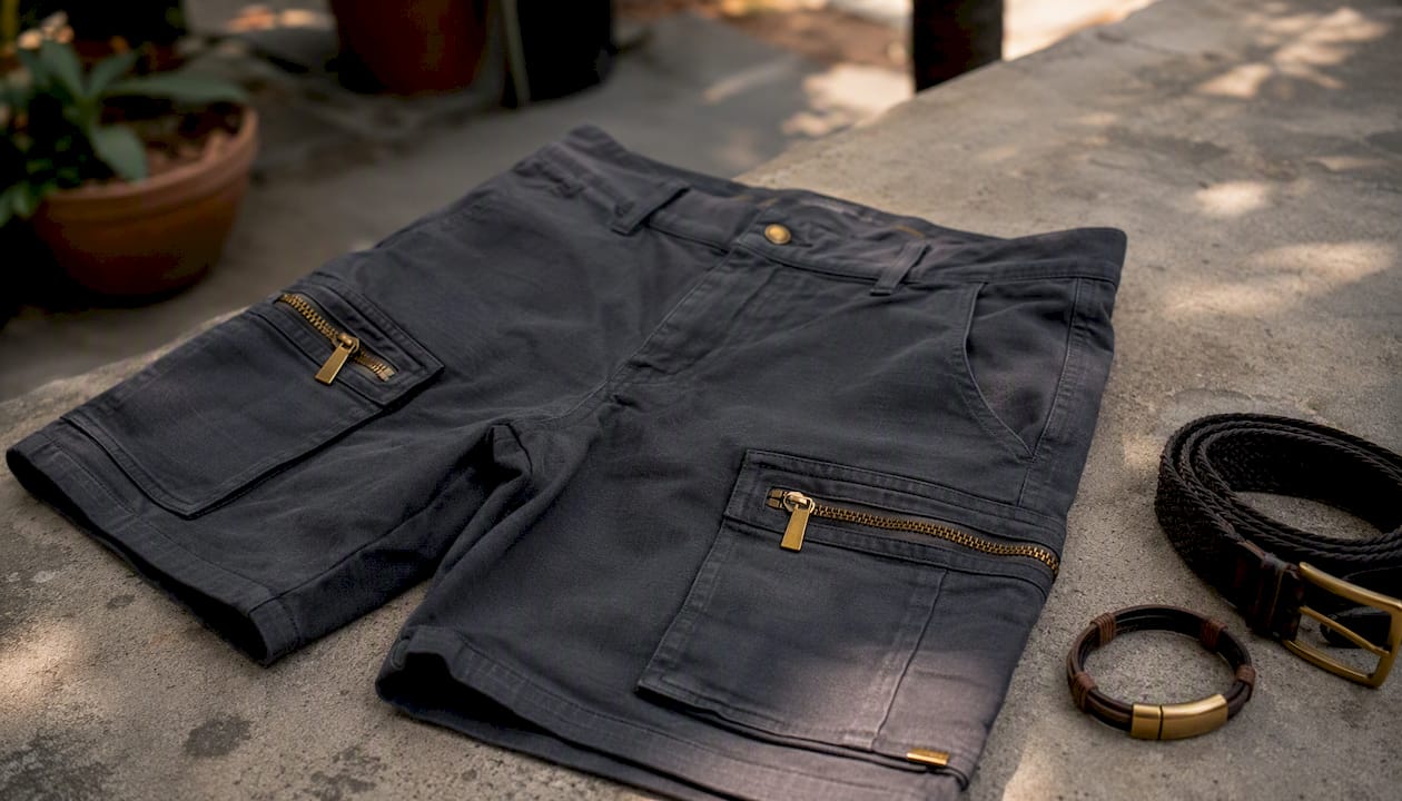 Close-up of olive cargo shorts with zippers