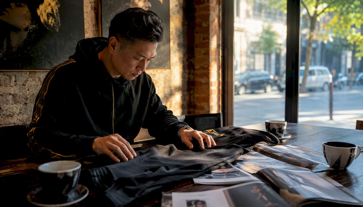 Man examining premium jogger fabric indoors