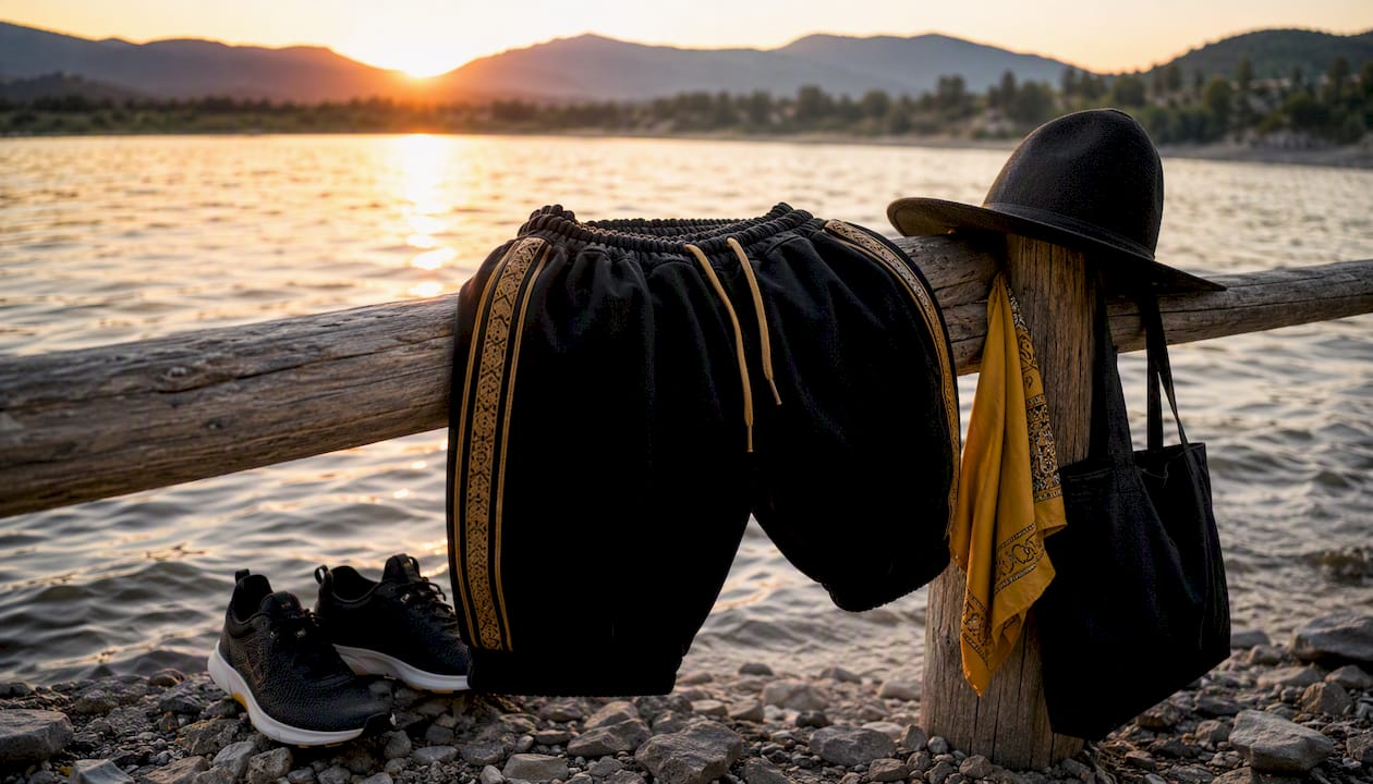 Flat lay of joggers with outdoor gear on picnic table