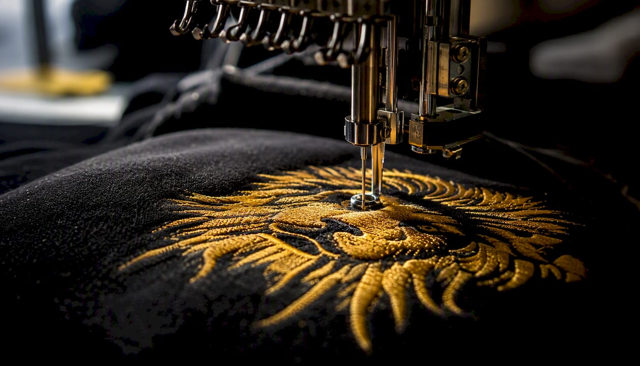 Golden embroidery stitching on black hoodie fabric