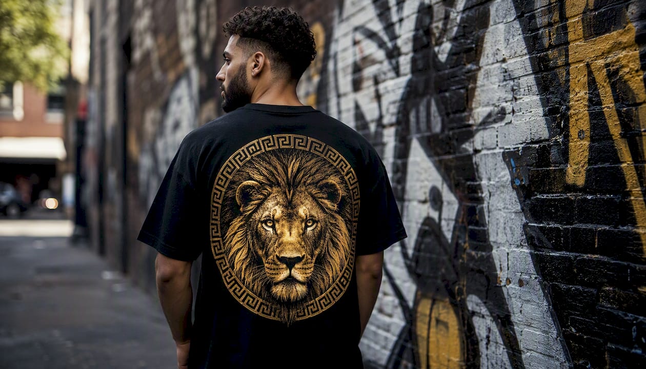 Close-up of lion graphic on black cotton tee
