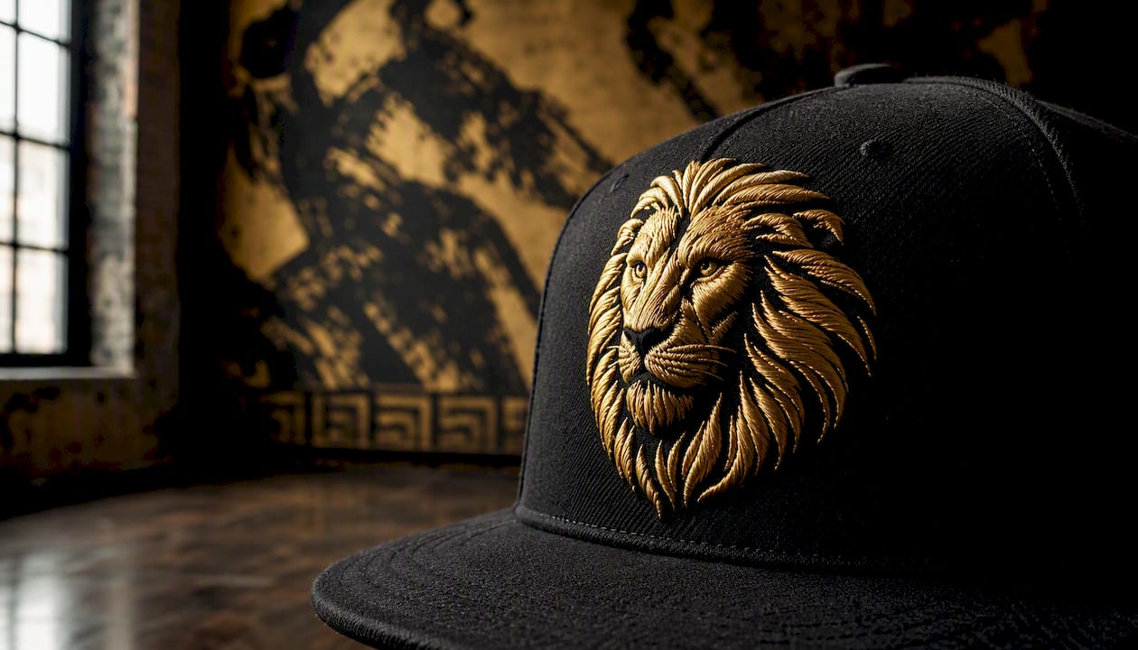 Gold embroidered lion logo on black snapback hat