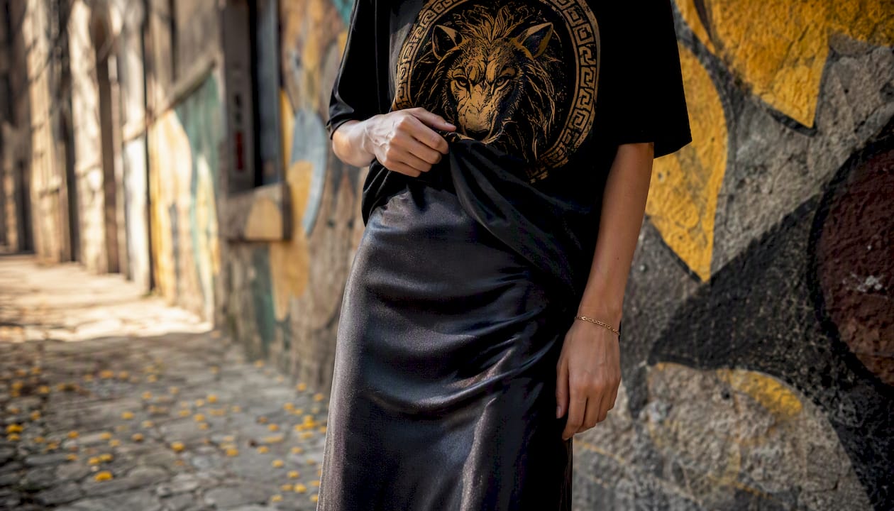 Satin midi skirt and tucked graphic tee detail
