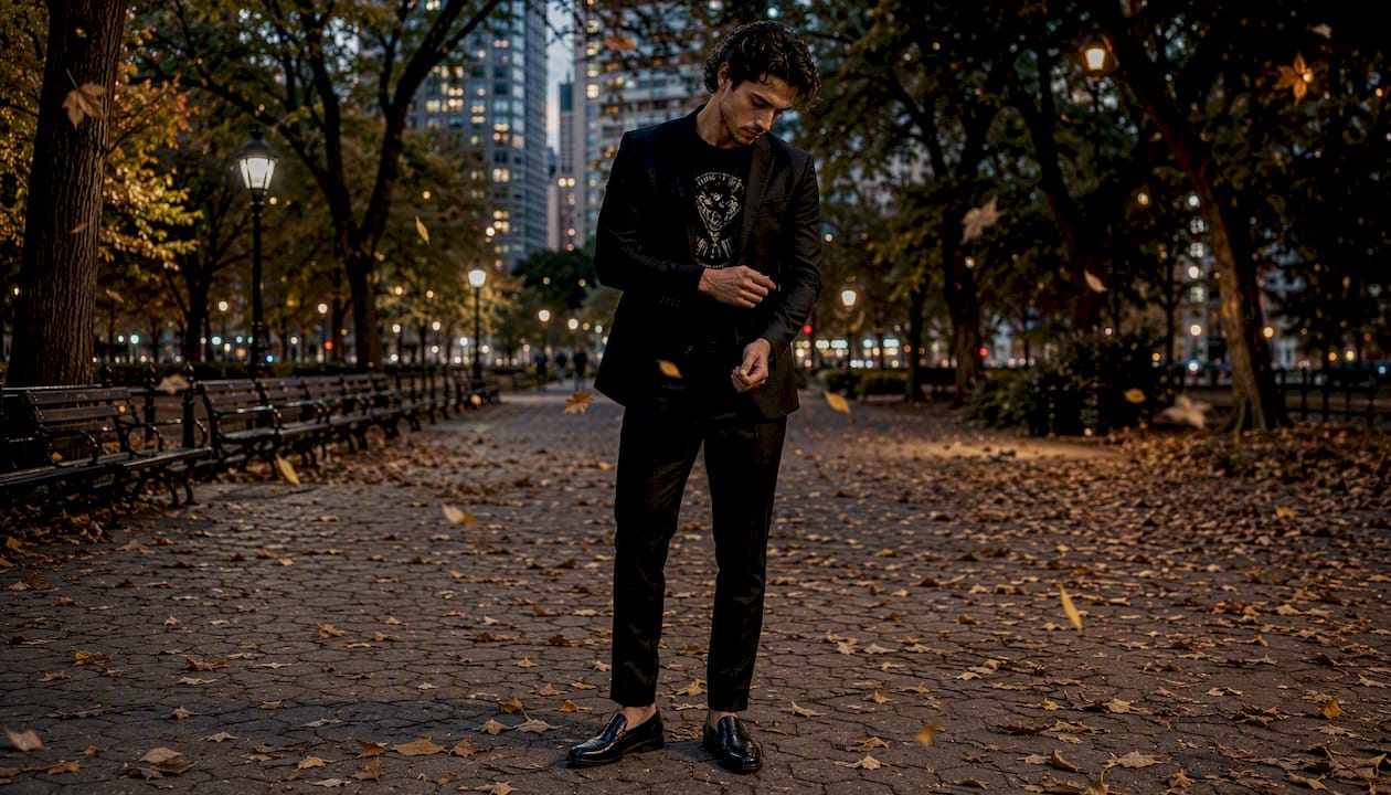 Adjusting blazer sleeve over graphic tee and trousers