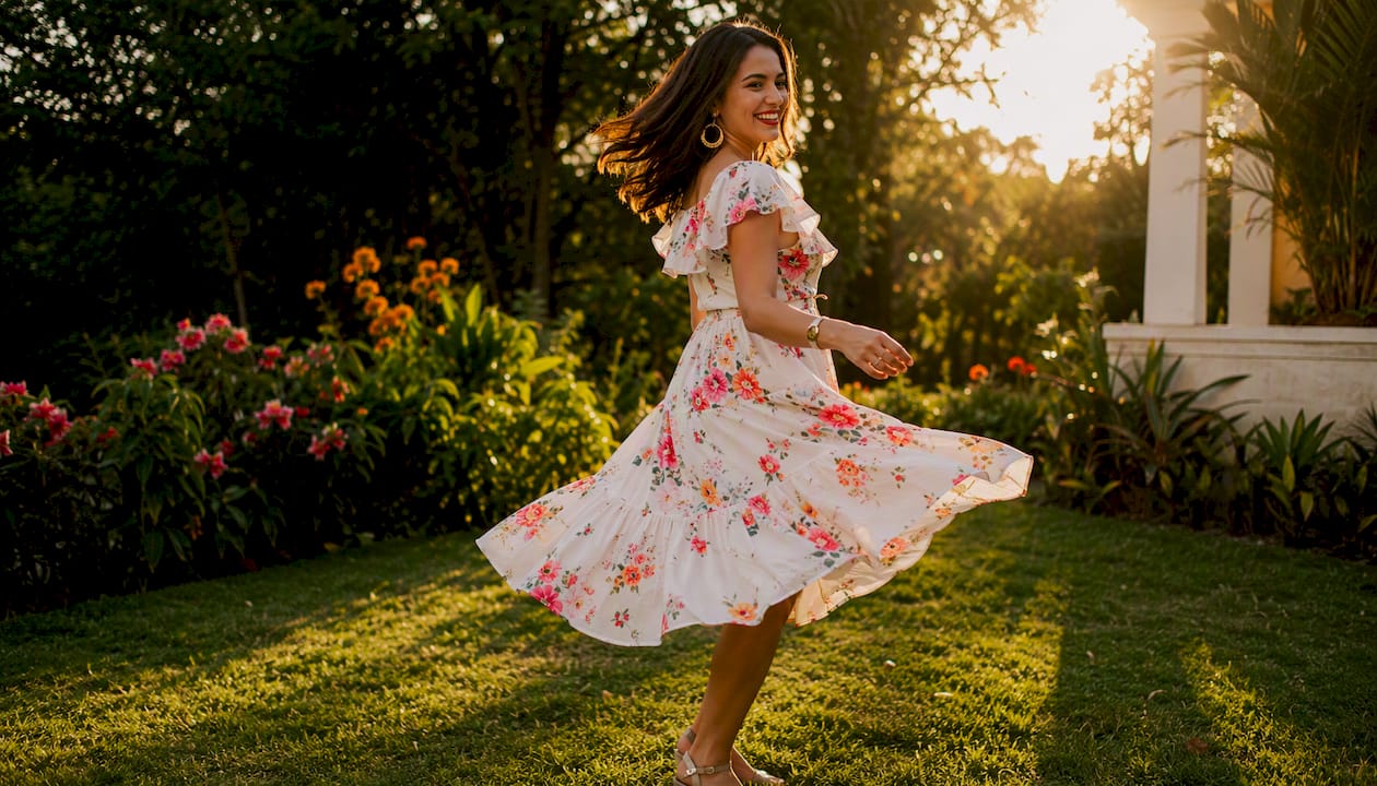 Woman in tropical glam ruffled dress outdoors
