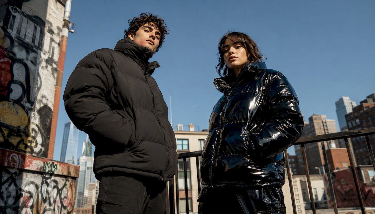 Models contrasting matte vs glossy puffer jackets