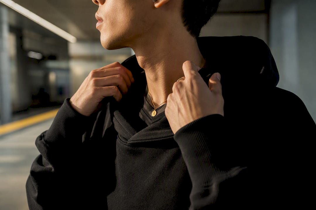 Shallow V neck layered under crew hoodie