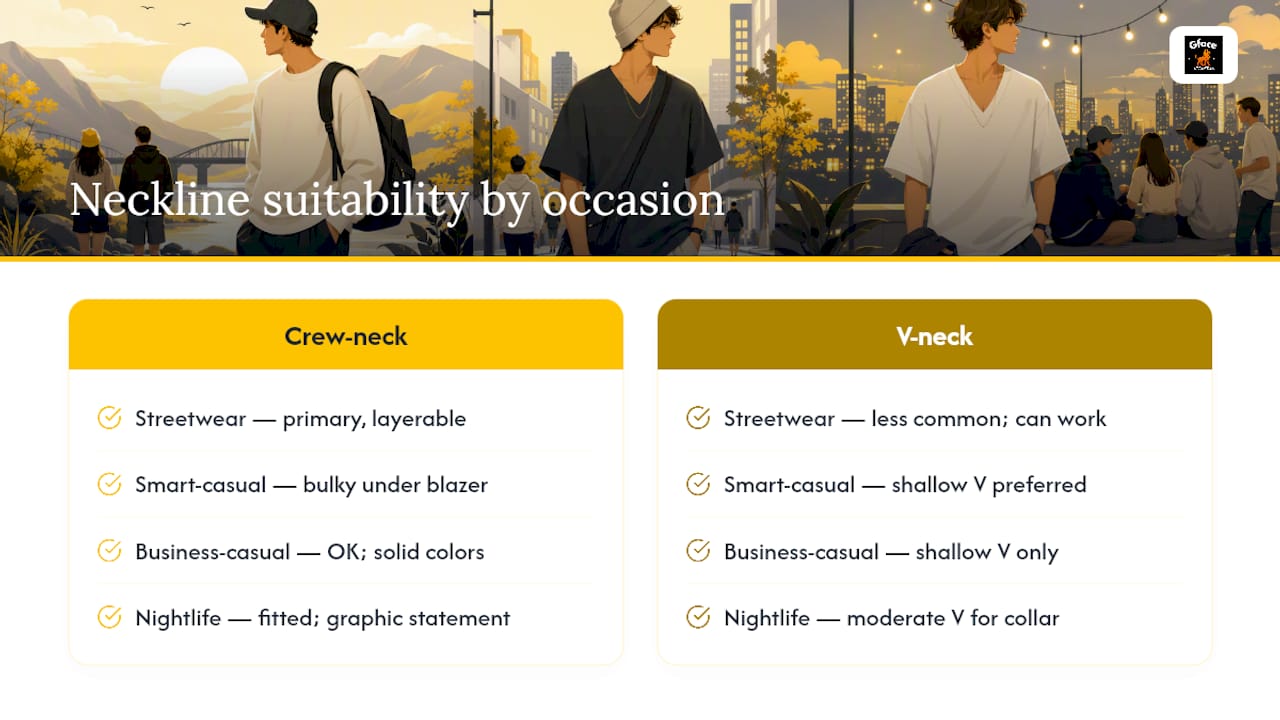 Crew and V neck choices by occasion