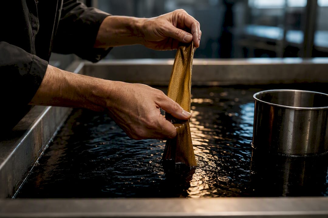 Technician managing textile dye bath
