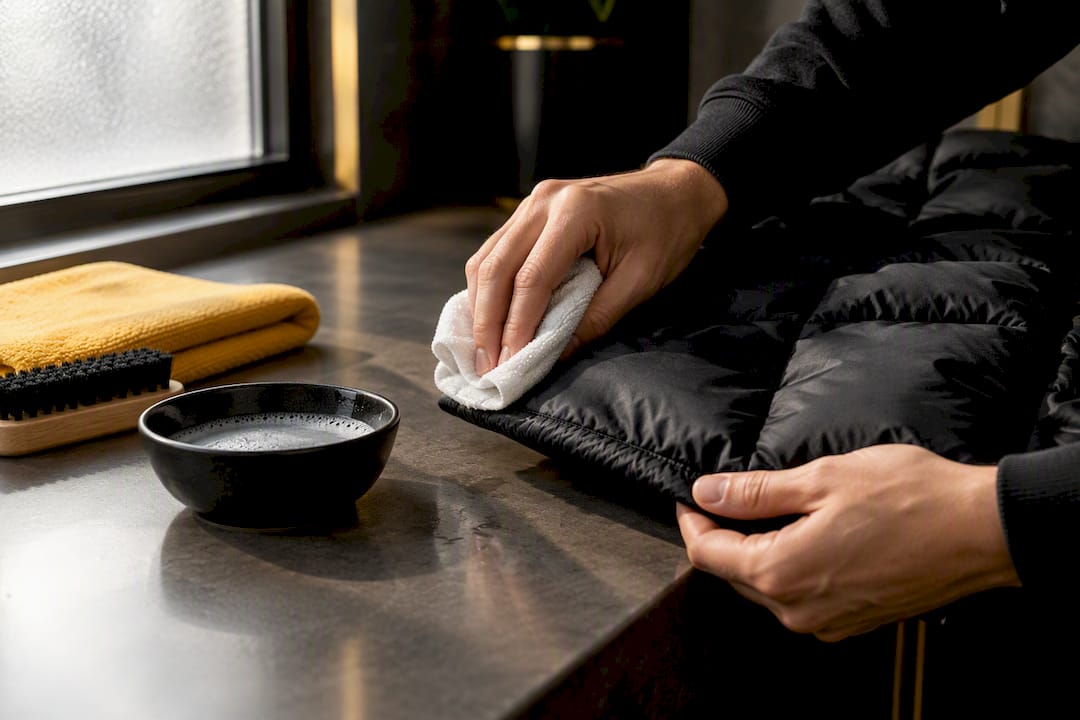 Hands spot-cleaning a puffer vest