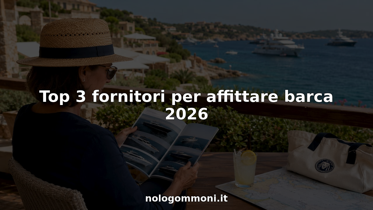 Una donna seduta al tavolo del porto sfoglia le varie offerte di noleggio barche, valutando quale sia la soluzione più adatta alle sue esigenze.