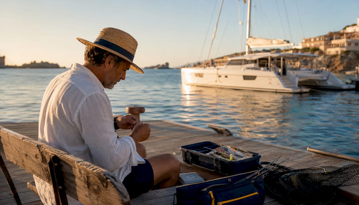 Un uomo prepara l’attrezzatura da pesca accanto a un catamarano.