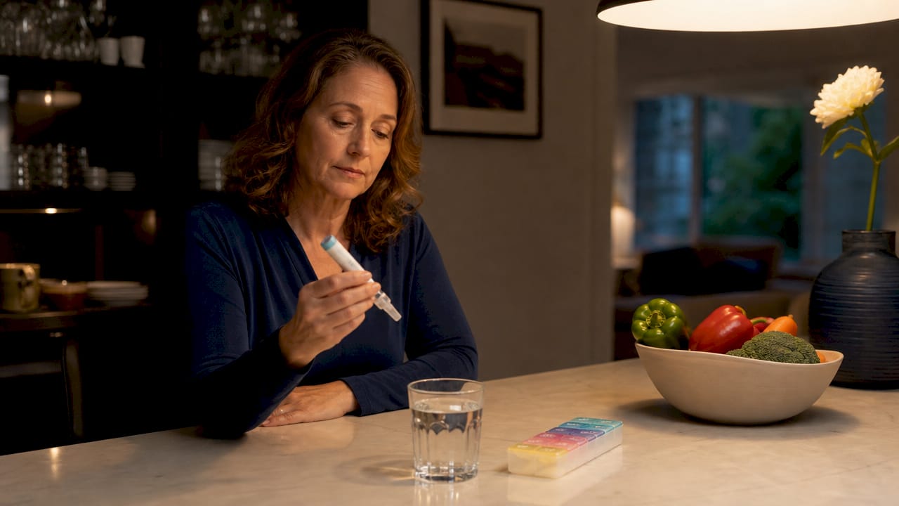 Woman preparing tirzepatide medication in kitchen