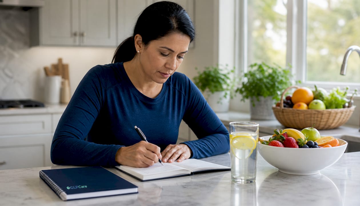 Woman planning weight loss program at table