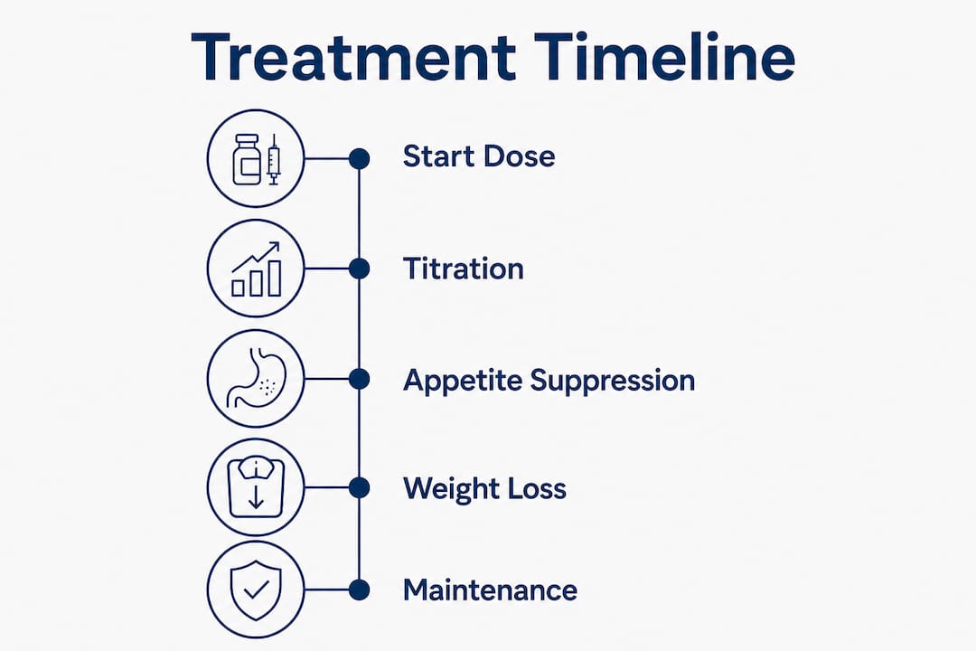 Infographic showing tirzepatide treatment timeline steps