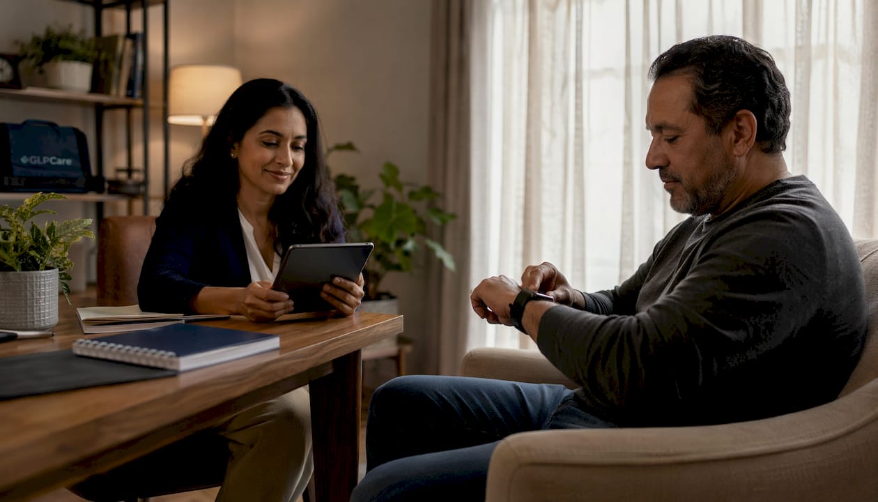 Healthcare professional and patient with GLP-1 wearable