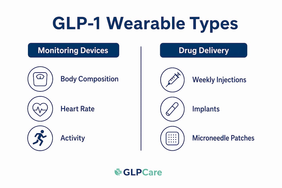 Infographic comparing monitoring and drug delivery GLP-1 wearables