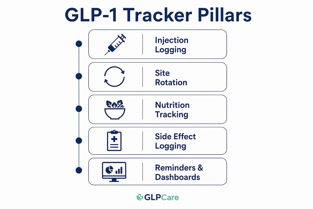 Infographic showing five core features of GLP-1 trackers