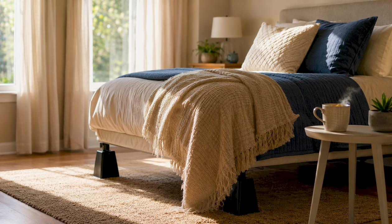 Bed elevated on risers for reflux management
