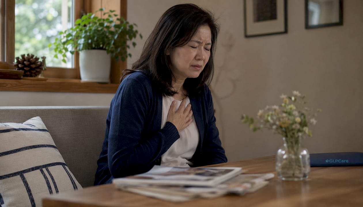 Woman experiencing acid reflux at home