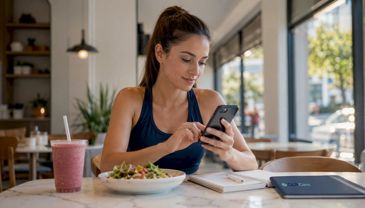 Woman using AI weight loss app on smartphone