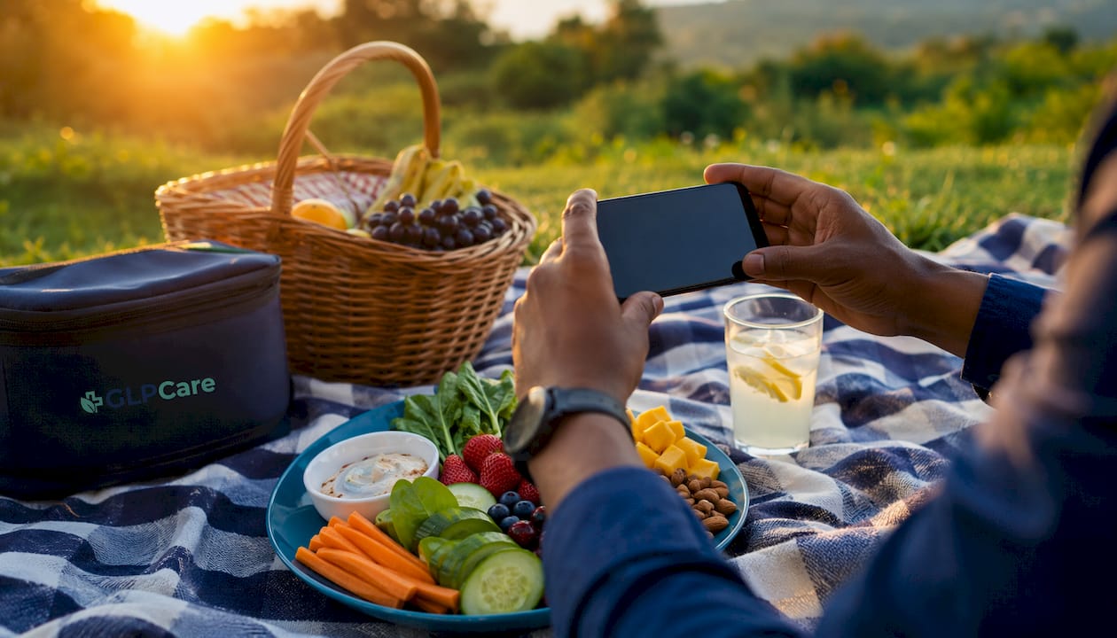 Hands photographing food for logging in app