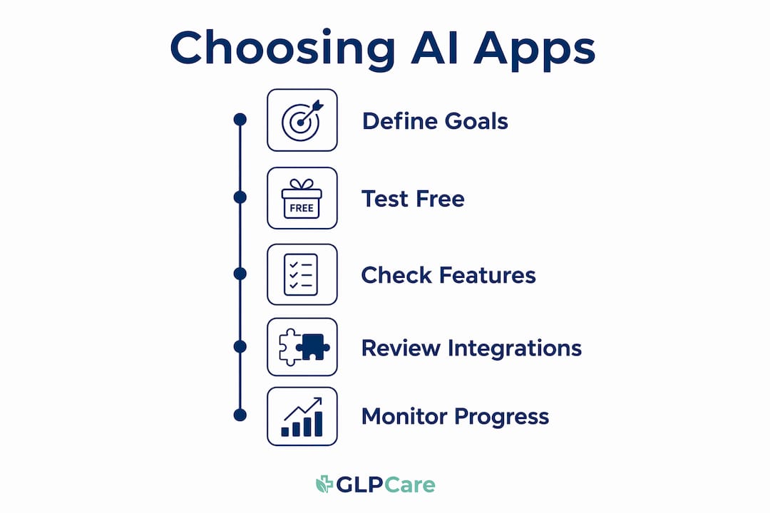 Infographic showing steps to choose AI weight loss app