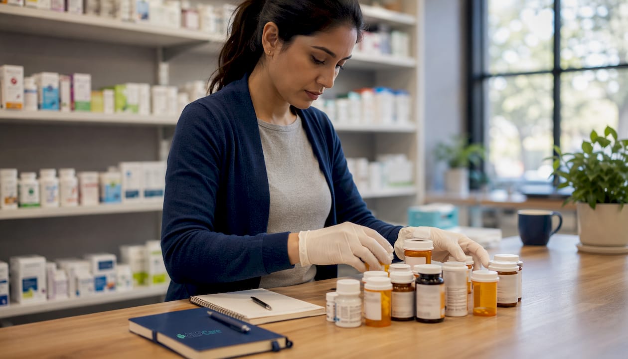 Pharmacist managing medications and supplements interactions