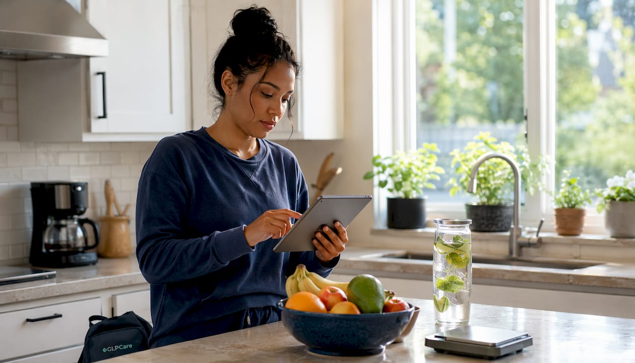 Woman logging calories for weight loss at kitchen table