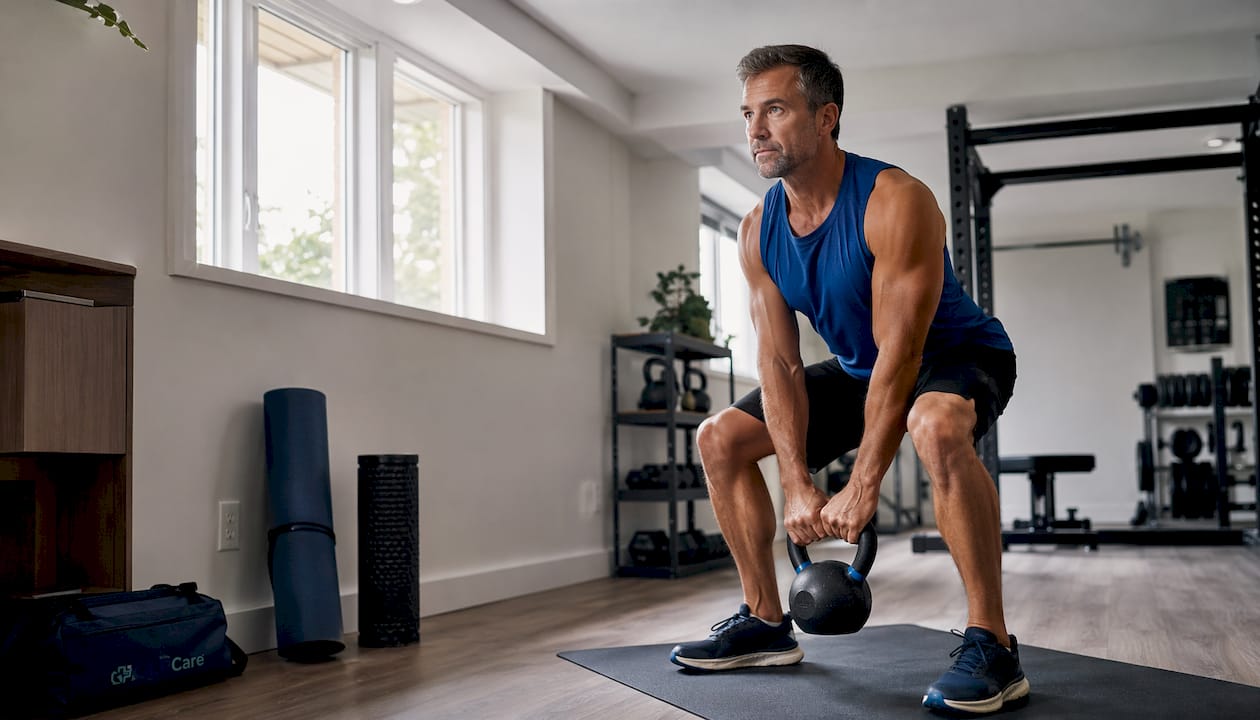 Middle-aged man lifting dumbbell in home gym