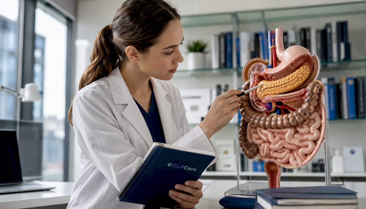 Clinician explaining GLP-1 effects using anatomical model