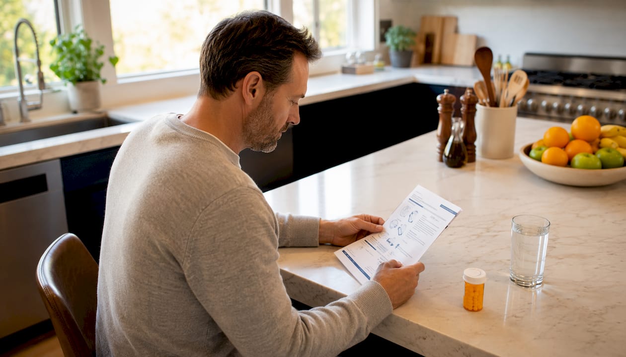Man reviewing GLP-1 therapy instructions at home desk