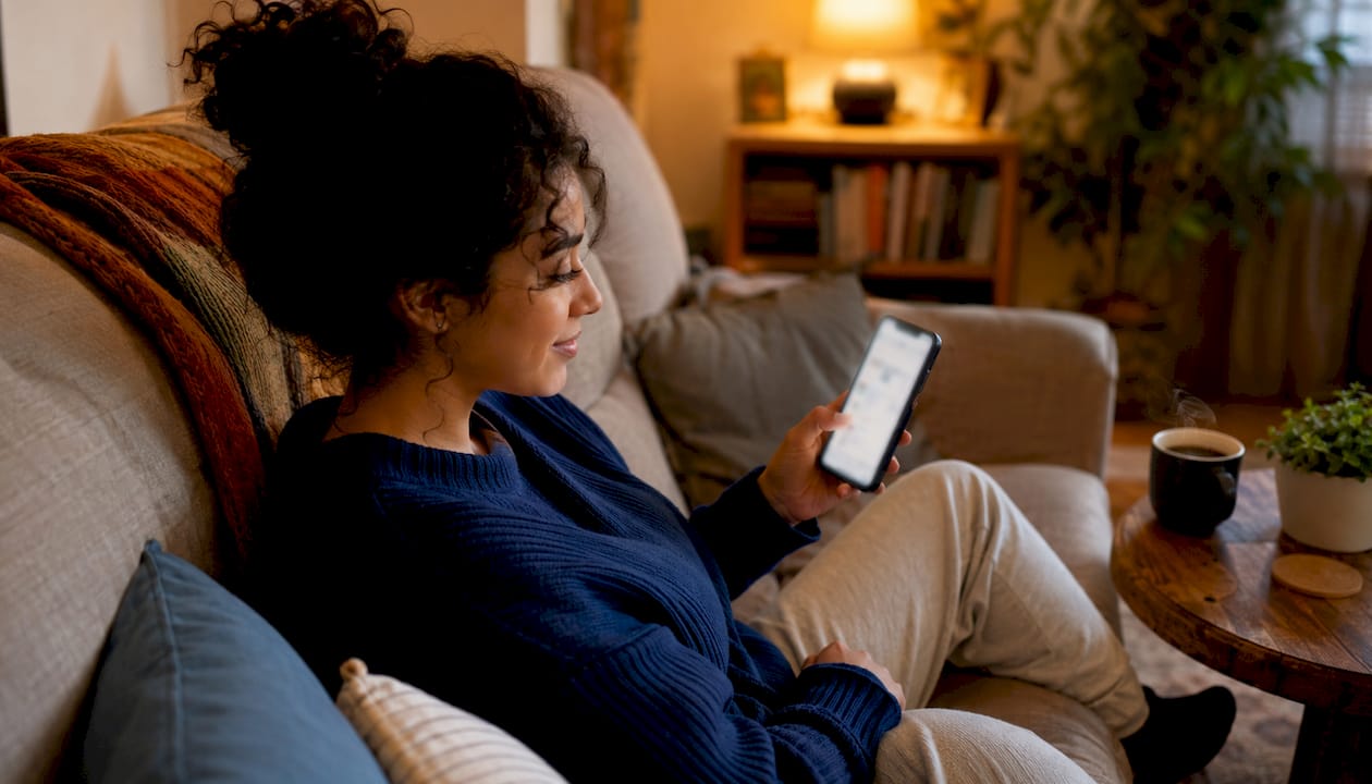 Woman logging medication on smartphone at desk