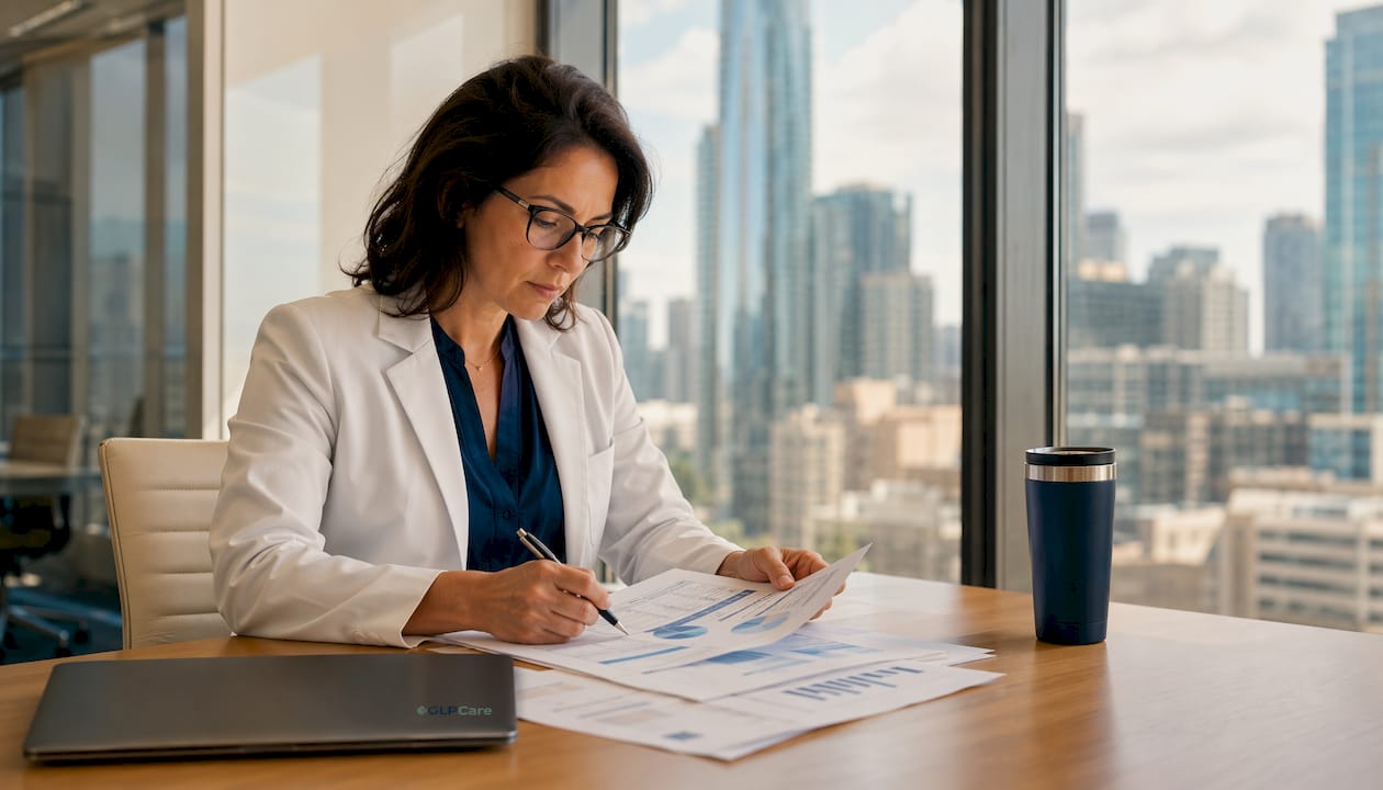 Medical researcher reviewing clinical trial reports at desk
