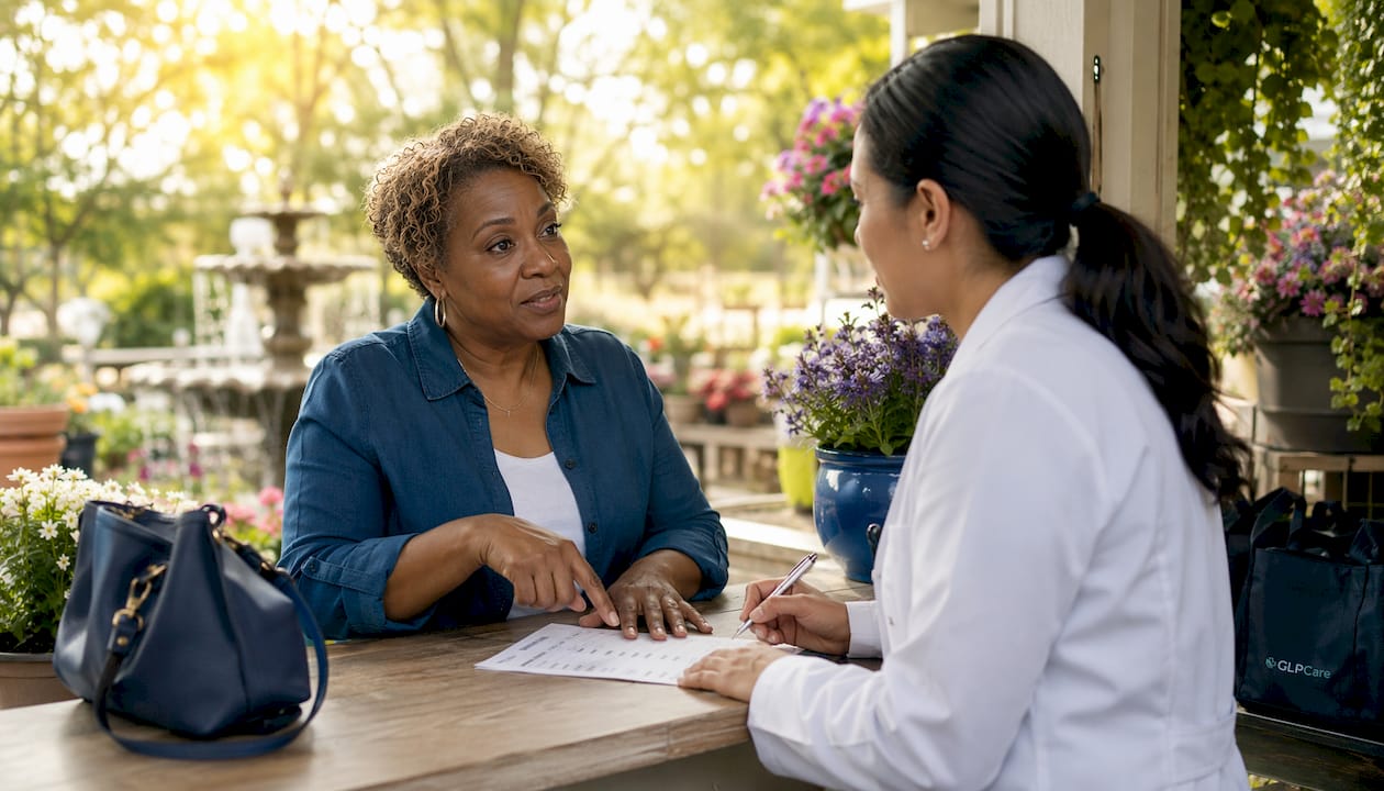 Customer consulting pharmacist about semaglutide prices
