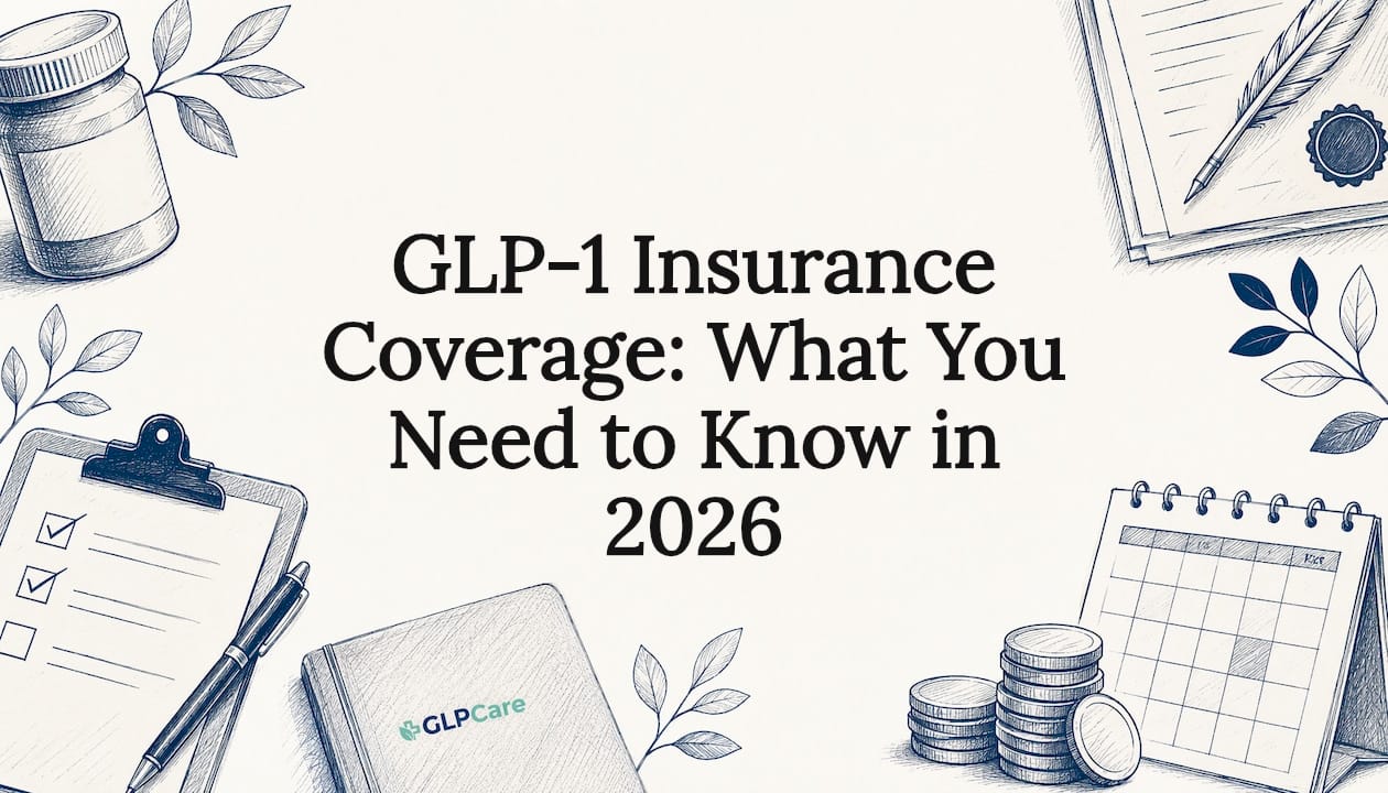 Decorative title card illustration with insurance and medication icons