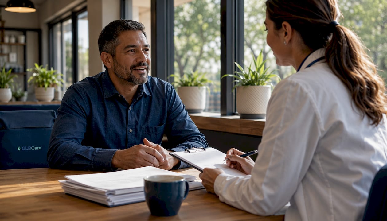 Patient consulting healthcare provider in clinic