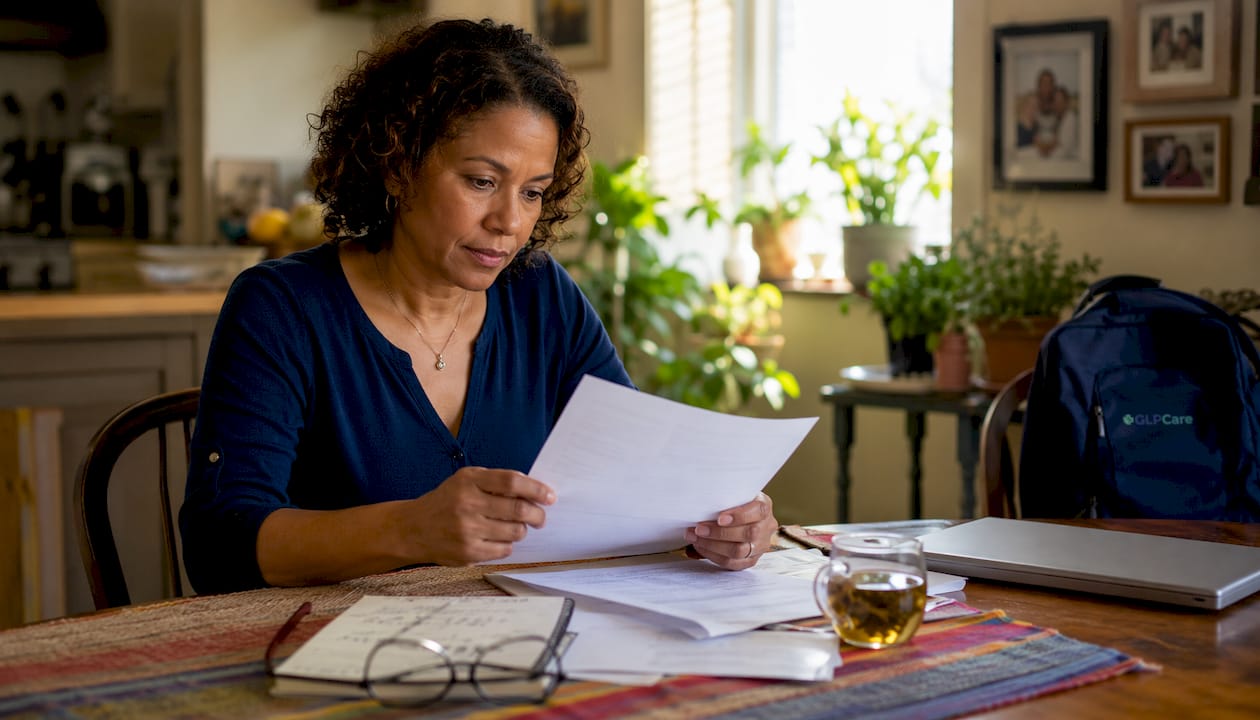 Woman reviewing insurance documents at home desk