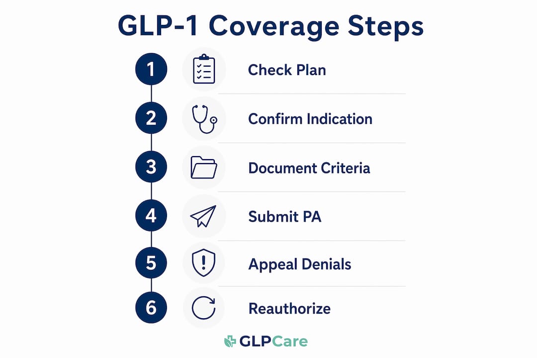 Infographic showing step-by-step GLP-1 insurance coverage process